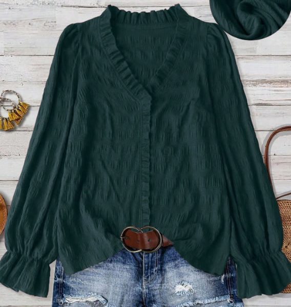 Linhara Top Casual Solta de Manga Longa com Gola V Texturizada e Babado na Barra para Mulheres Plus Size, Tecido Macio e Confortável, Adequado para Uso Diário