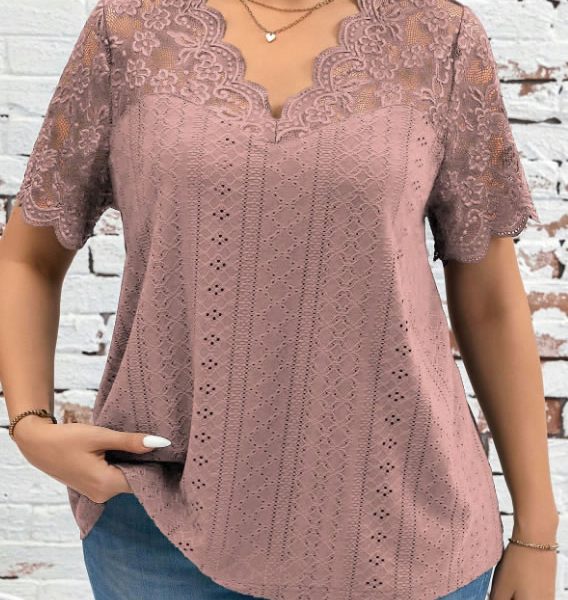 SHEIN Clasi Camiseta de Manga Curta com Recorte de Renda em Cores Sólidas Casuais para Plus Size