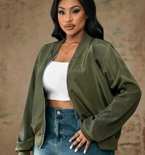 Truni Jaqueta Bomber Casual Verde do Exército para Mulheres Plus Size, Moda Nova Outonal, Negócios Casuais, Outono, Manga Longa